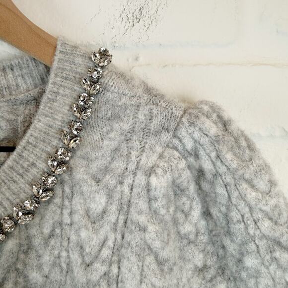Express Gray Cozy Cable Knit Jewel Embellished Short Sleeve Cardigan Sweater M - Picture 6 of 11